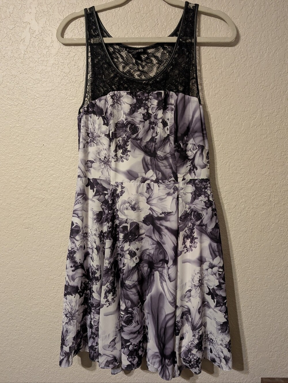 Express Dark Floral Grey & Black Lace Mini A-Line Skater Dress, Size 8